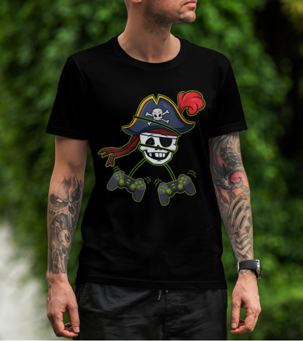 Halloween Pirate Skeleton Gamer With Controller Hat And Crossbones T-Shirt