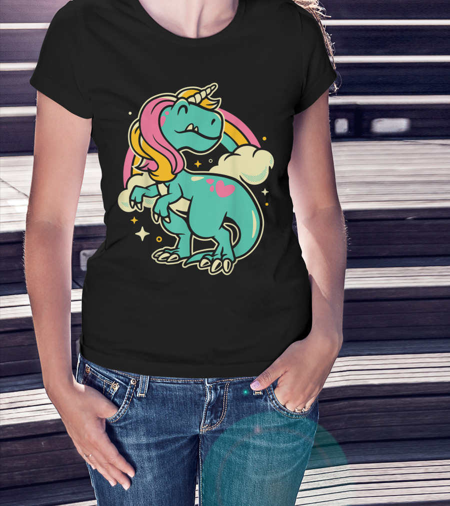 Majestic Unicornasaurus Rex Rainbow Dinosaur With Pink Heart T-Shirt