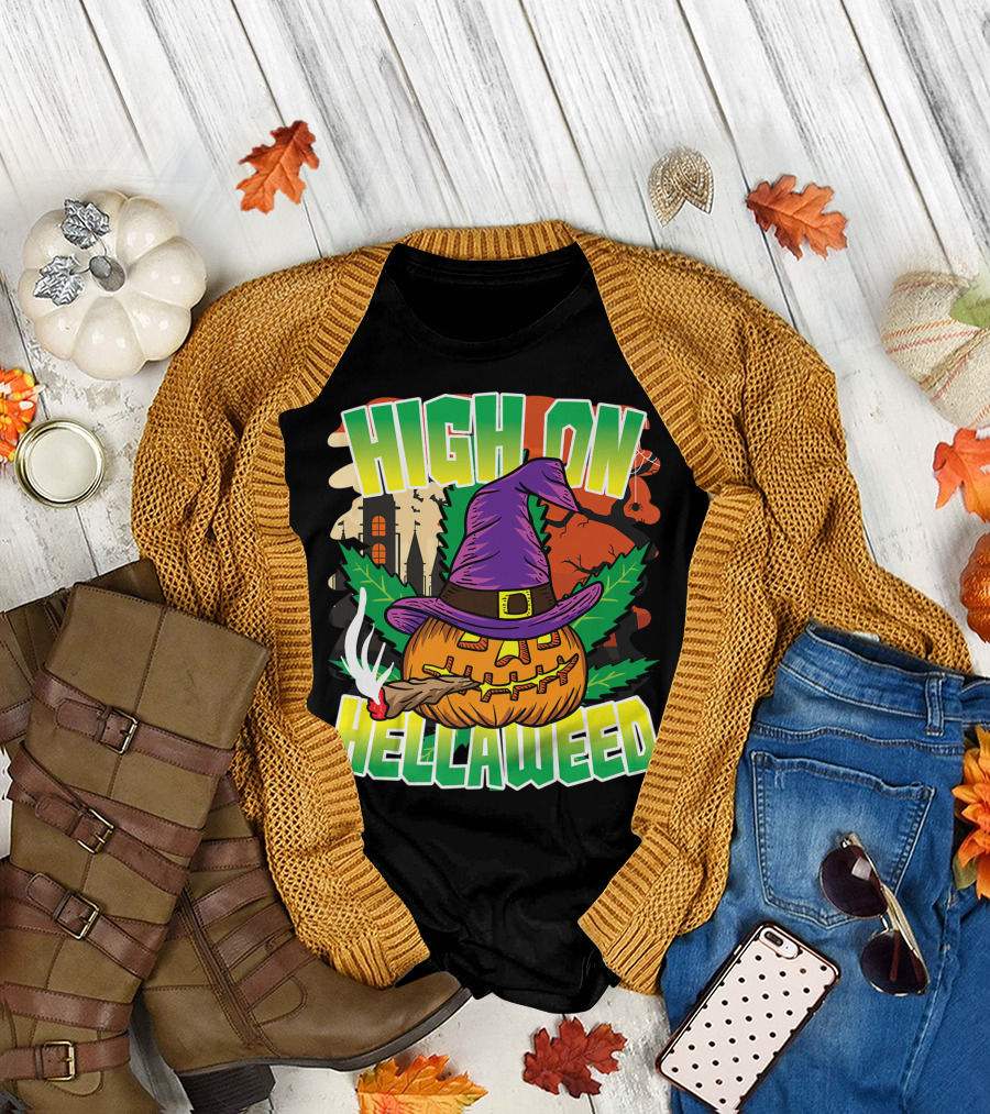 High On Hellaweed Pumpkin Smoking Weed THC Halloween Stoner T-Shirt