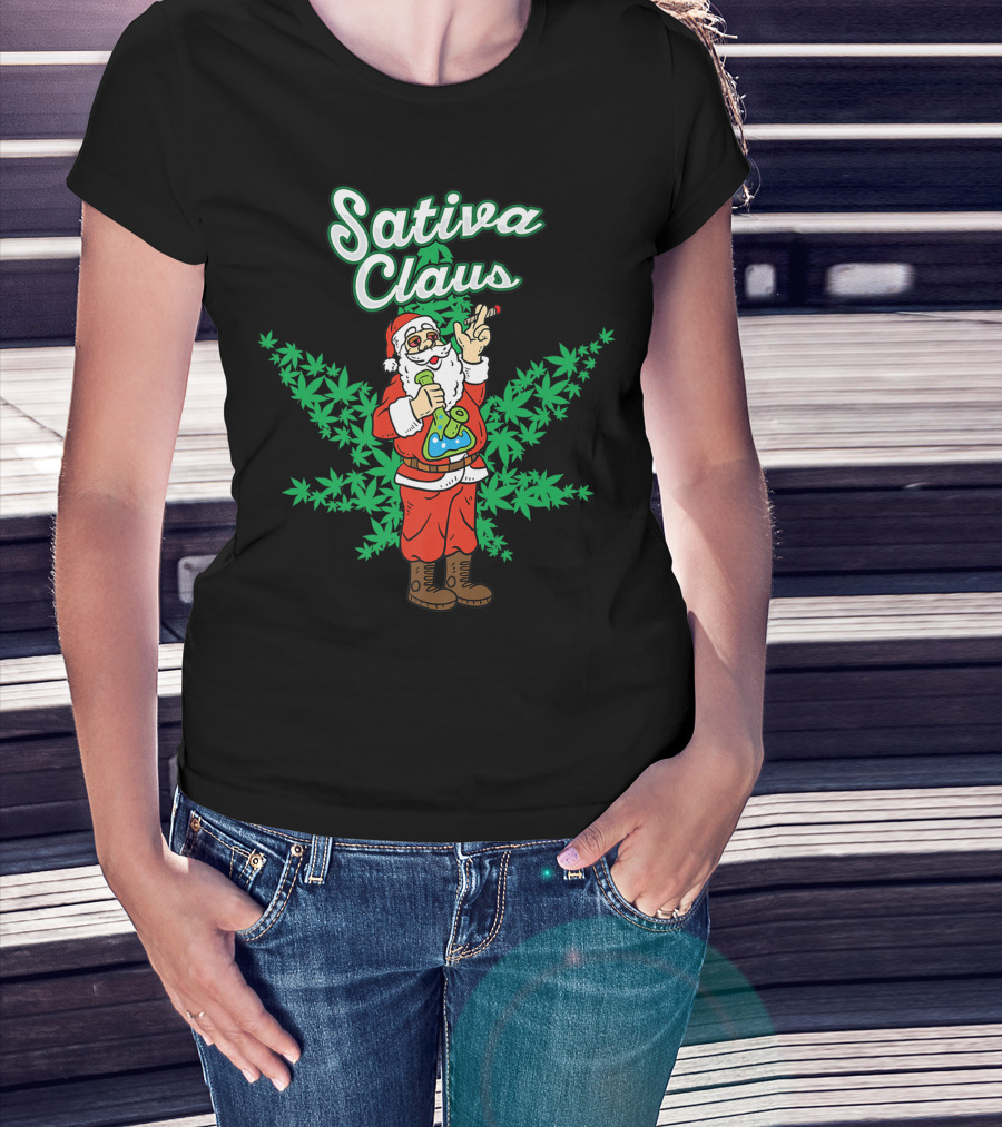Sativa Claus Cannabis Marijuana Smoking Santa With Weed Leaves T-Shirt