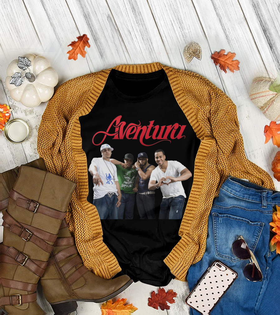 Aventura Band Red Script Logo Casual Group Photo T-Shirt
