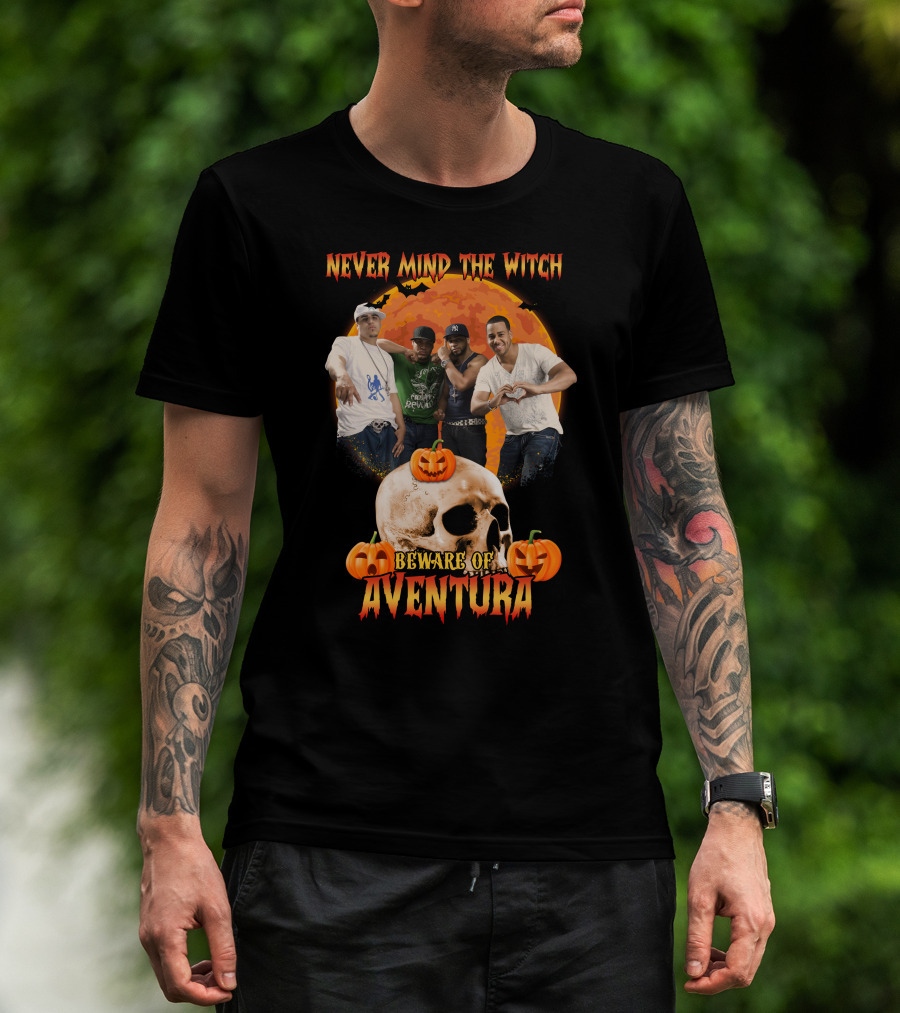 Never Mind The Witch Beware Of Aventura Halloween Pumpkin Skull Scene T-Shirt