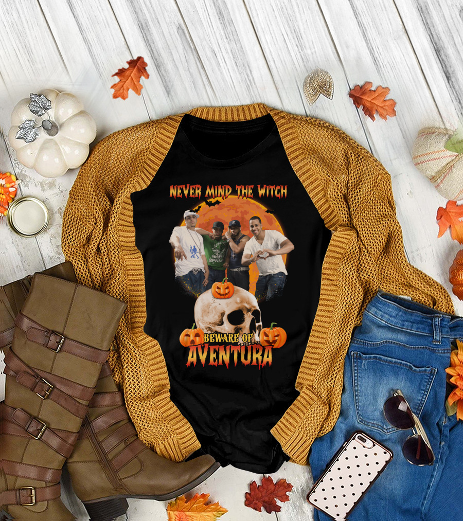 Never Mind the Witch Beware of Aventura Halloween Pumpkin Skull Scene T-Shirt
