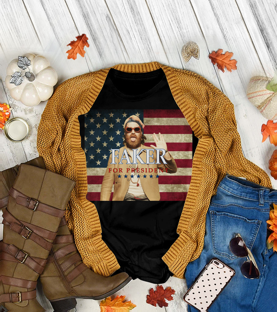 Faker for President USA Flag Background Stars Stripes Sunglasses T-Shirt
