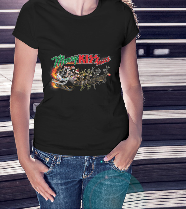Merry KISSmas Sleigh With Santa And Reindeer T-Shirt