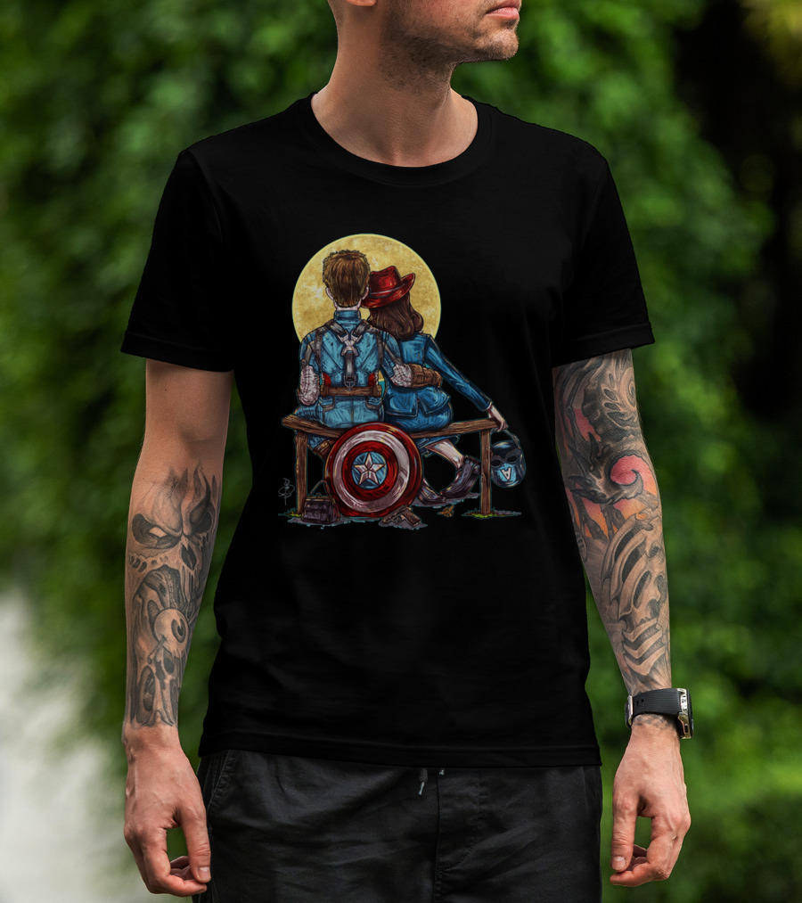 Marvel Captain America Moonlight Bench Scene With Shield And Helmet T-Shirt