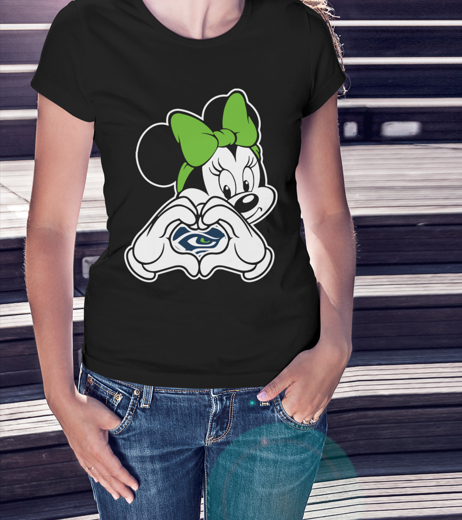 Seattle Seahawks Minnie Mouse Heart Hands Green Bow T-Shirt