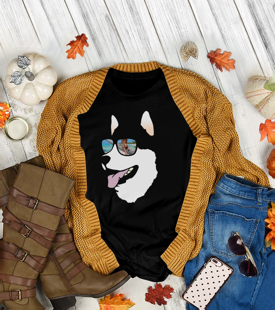 Dog Wearing Sunglasses with Beach Reflection of Person Running T-Shirt