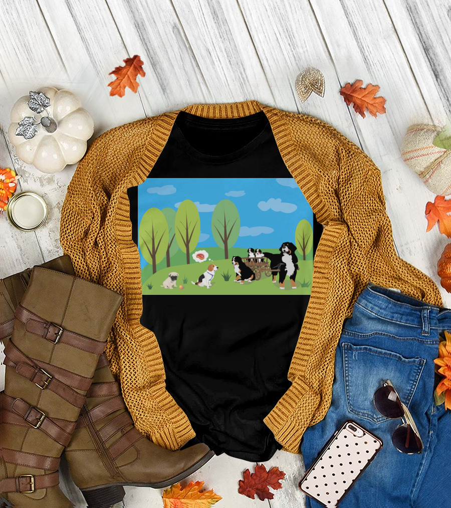Dogs in Nature: Playful Gathering with Friends Among Trees T-Shirt