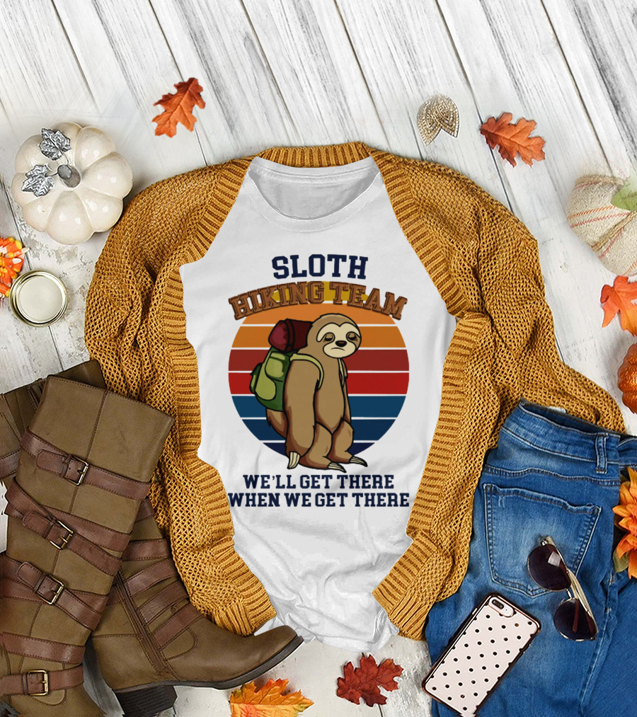 Sloth Hiking Team We'll Get There When We Get There Retro Stripes T-Shirt