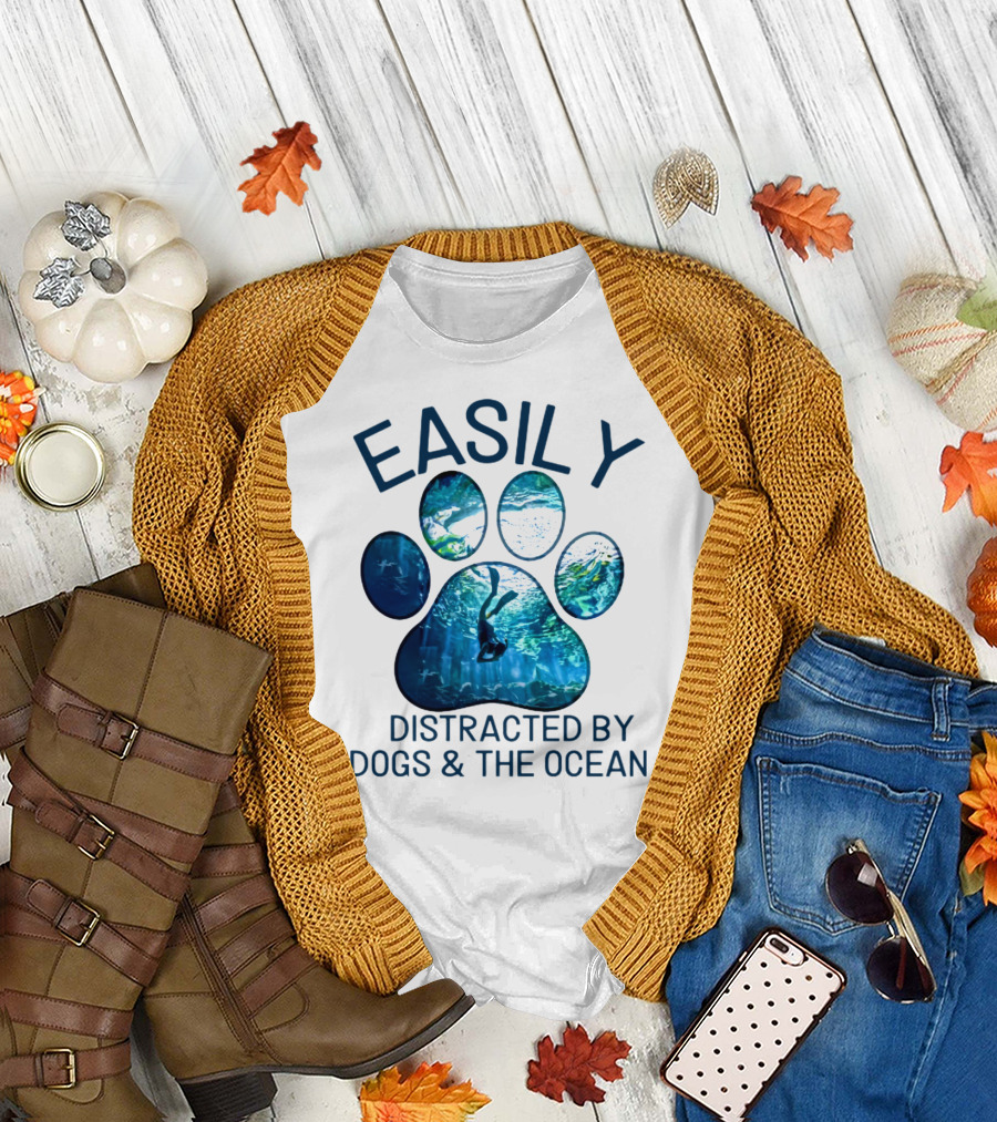 Easily Distracted by Dogs and the Ocean with Aquarium Pawprint T-Shirt