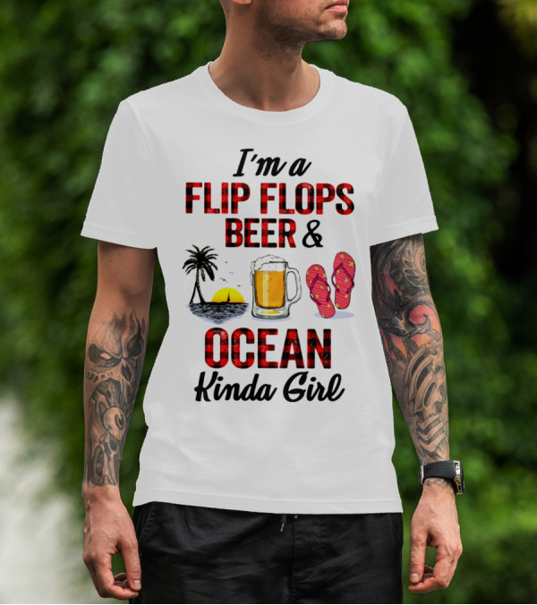 I'm A Flip Flops Beer Ocean Kinda Girl Palm Tree Sunset Red T-Shirt