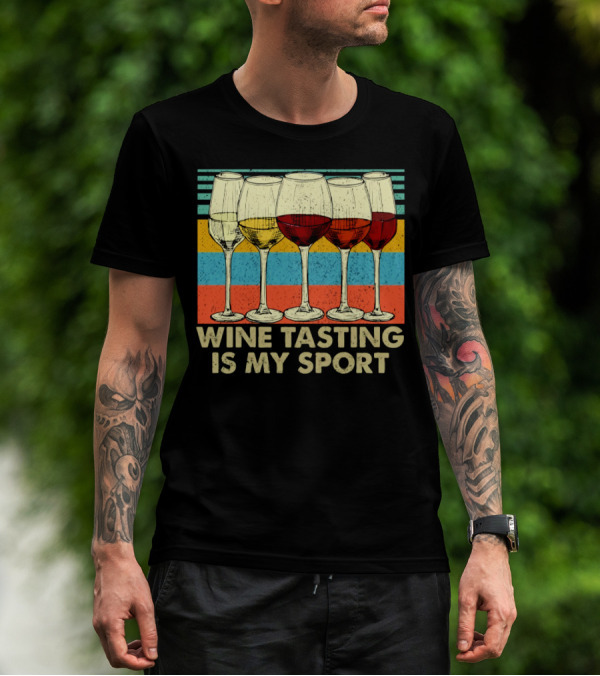 Wine Tasting Is My Sport Retro Wine Glasses On Colorful Stripes T-Shirt