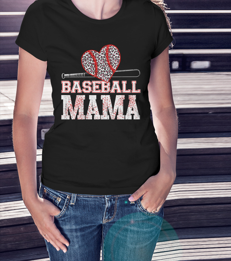 Baseball Mama Leopard Heart Bat T-Shirt