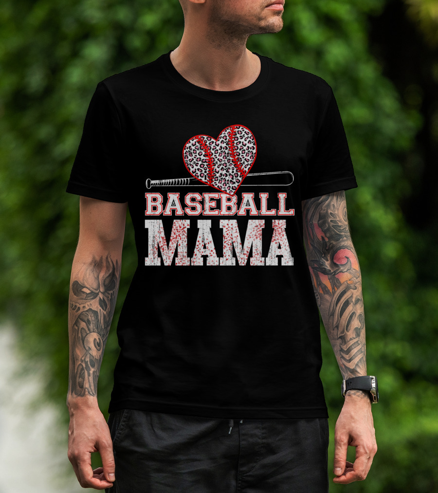Baseball Mama Leopard Heart Bat T-Shirt