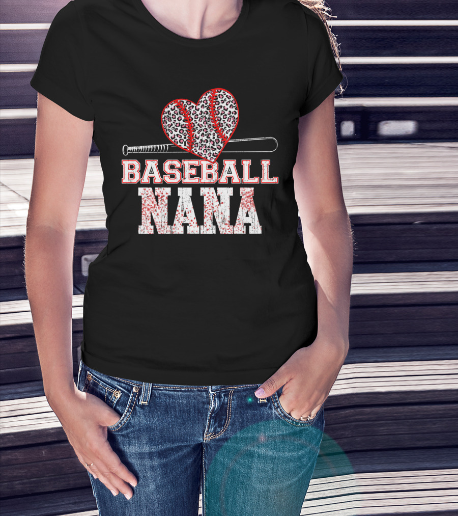 Baseball Nana Leopard Heart Bat T-Shirt