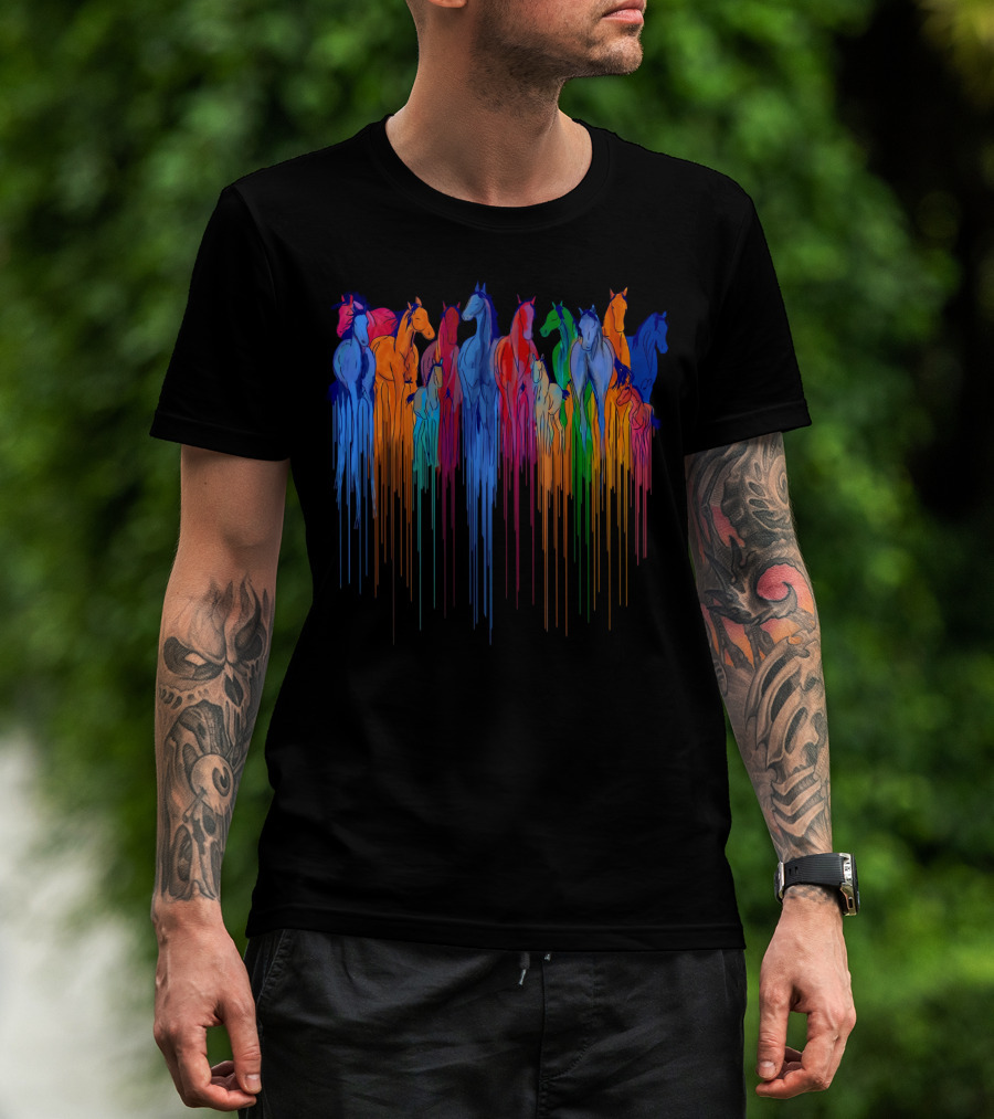 Horse Watercolor Rainbow Drip Multi-Color Herd T-Shirt