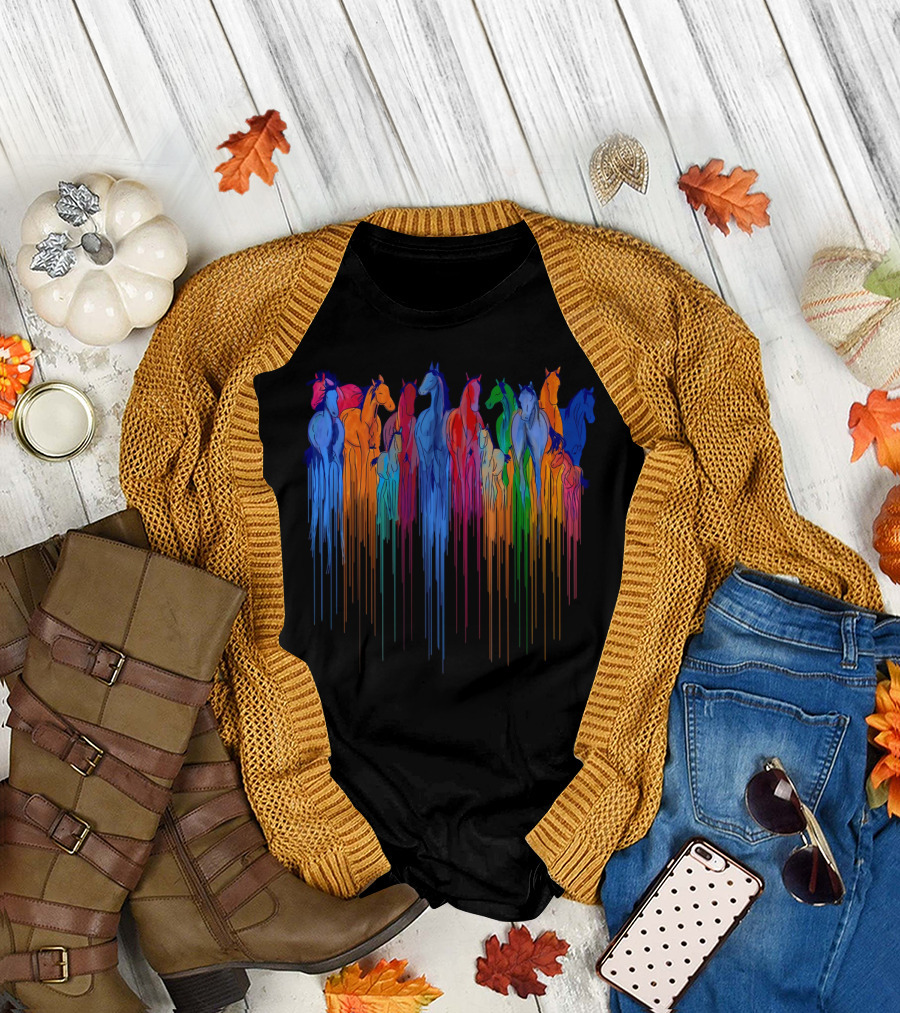 Horse Watercolor Rainbow Drip Multi-Color Herd T-Shirt