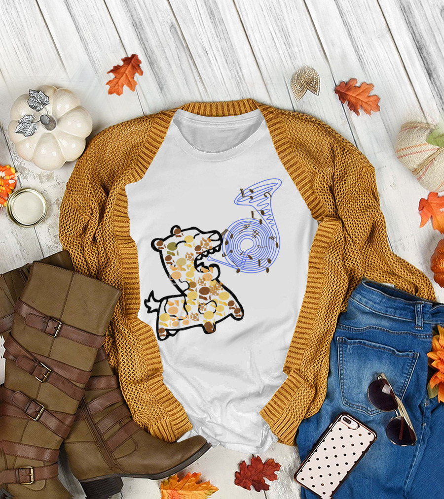 Playful Dog Surrounded by Music Notes with Colorful Trombone T-Shirt