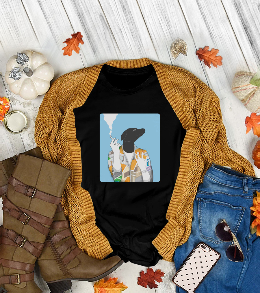 the doggy house smoking dog in multi-patched jacket T-Shirt