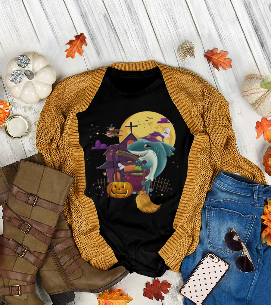 Witch Mama Shark Halloween Broom Pumpkin Haunted House Costume T-Shirt