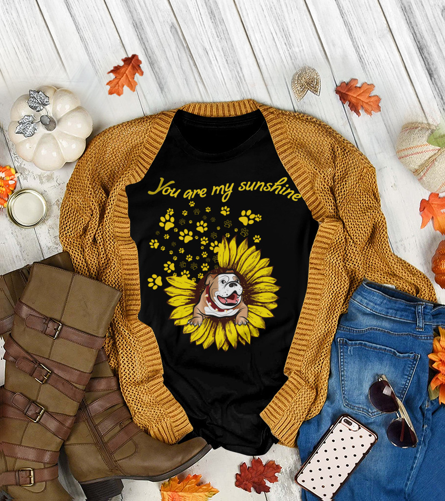 You Are My Sunshine Bitbull Dog Sunflower Pawprints T-Shirt