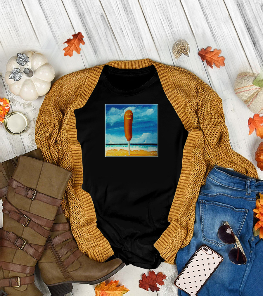 Corn Dog Smiling by the Ocean with Blue Sky and Sandy Horizon T-Shirt
