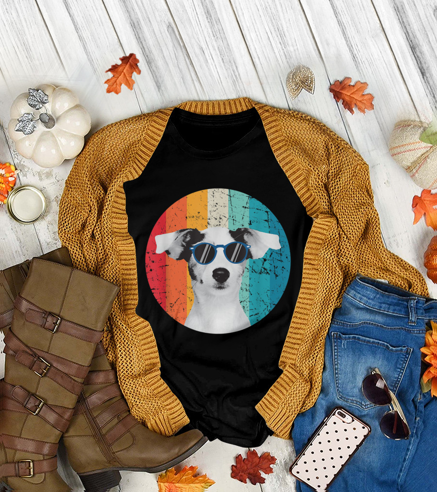 Vintage Jack Russell Dog with Sunglasses Retro Rainbow Circle Background T-Shirt