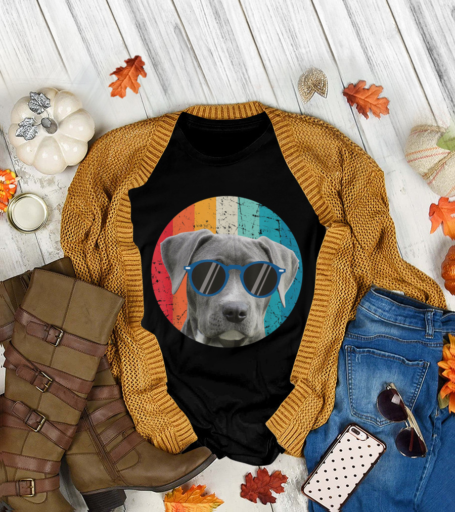 Vintage Weimaraner Dog with Sunglasses on Retro Striped Circle Background T-Shirt
