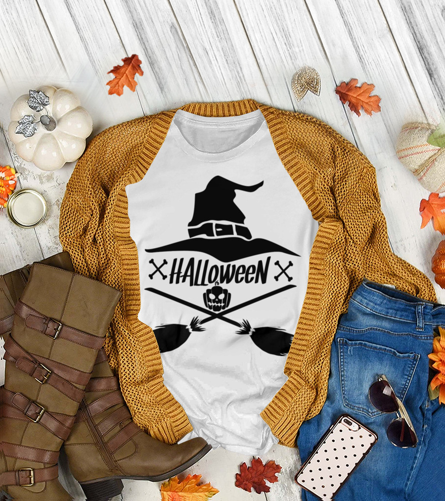 Halloween Funny Dad Guy Man Behind The Pumpkin Hat Brooms Crossbones T-Shirt