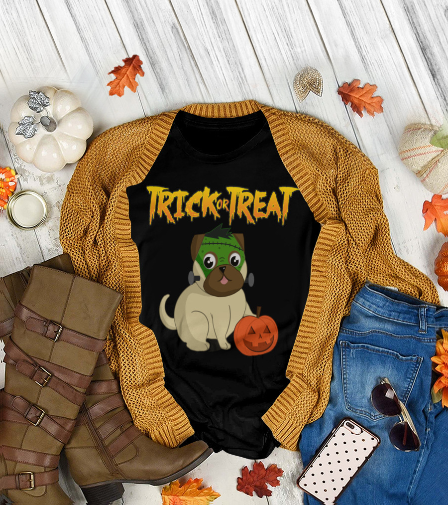 Trick or Treat Pug Halloween Dog with Pumpkin and Monster Costume T-Shirt