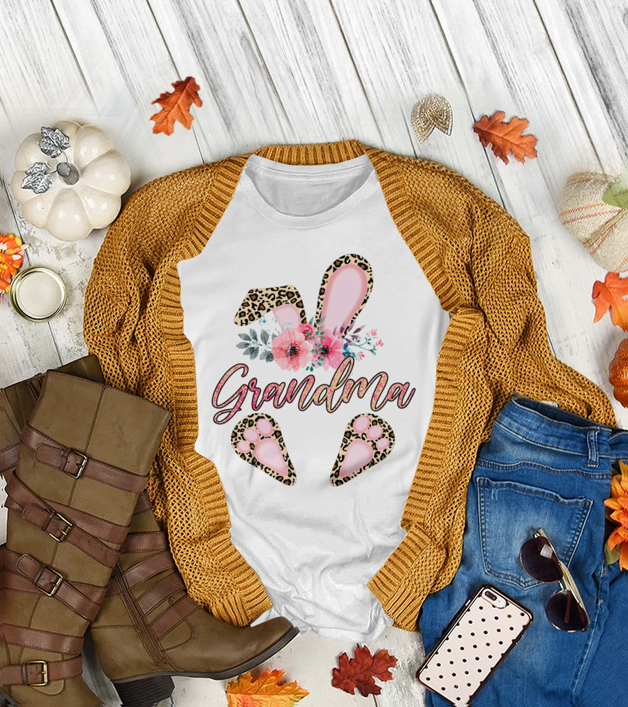 Grandma Leopard Floral Bunny Ears and Paw Prints T-Shirt