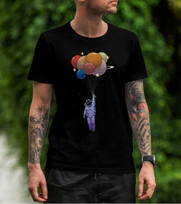 Amstrong Astronaut With Planet Balloons Floating In Space T-Shirt