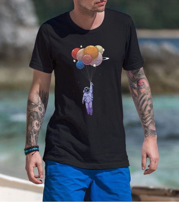 Amstrong Astronaut With Planet Balloons Floating In Space T-Shirt