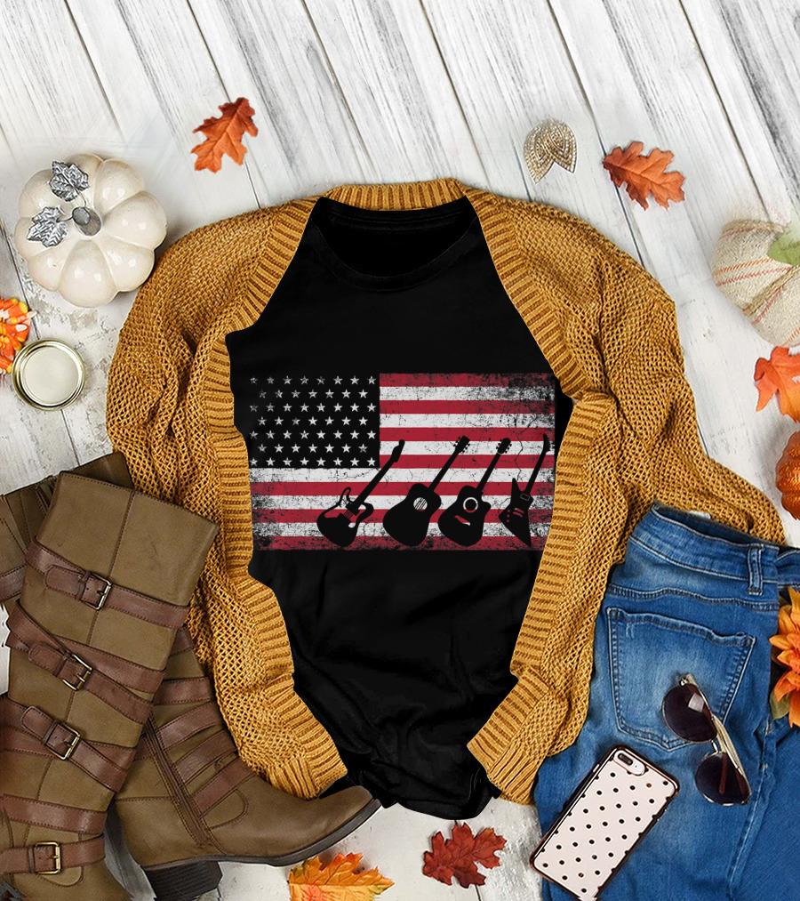 USA Flag with Guitars July 4th Music T-Shirt