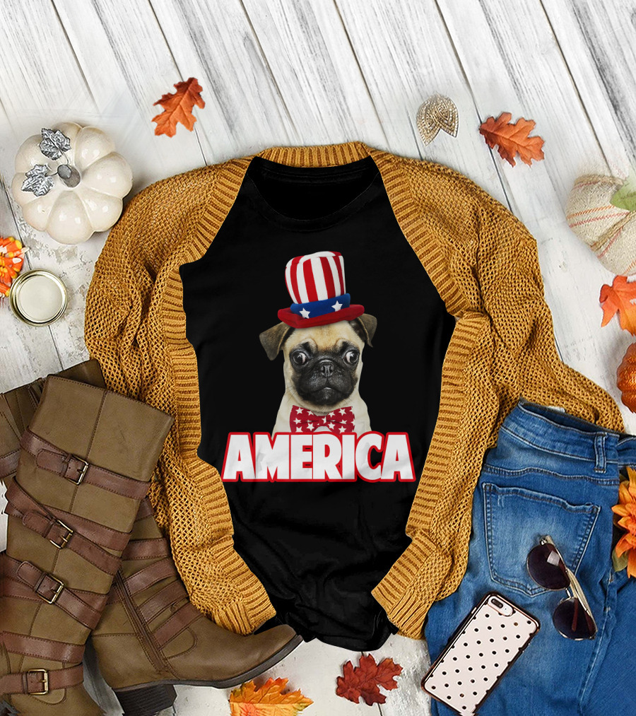 America Patriotic Pug 4th of July Stars and Stripes Hat Bow Tie T-Shirt