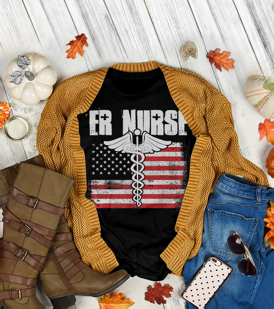 ER Nurse American Flag Caduceus T-Shirt