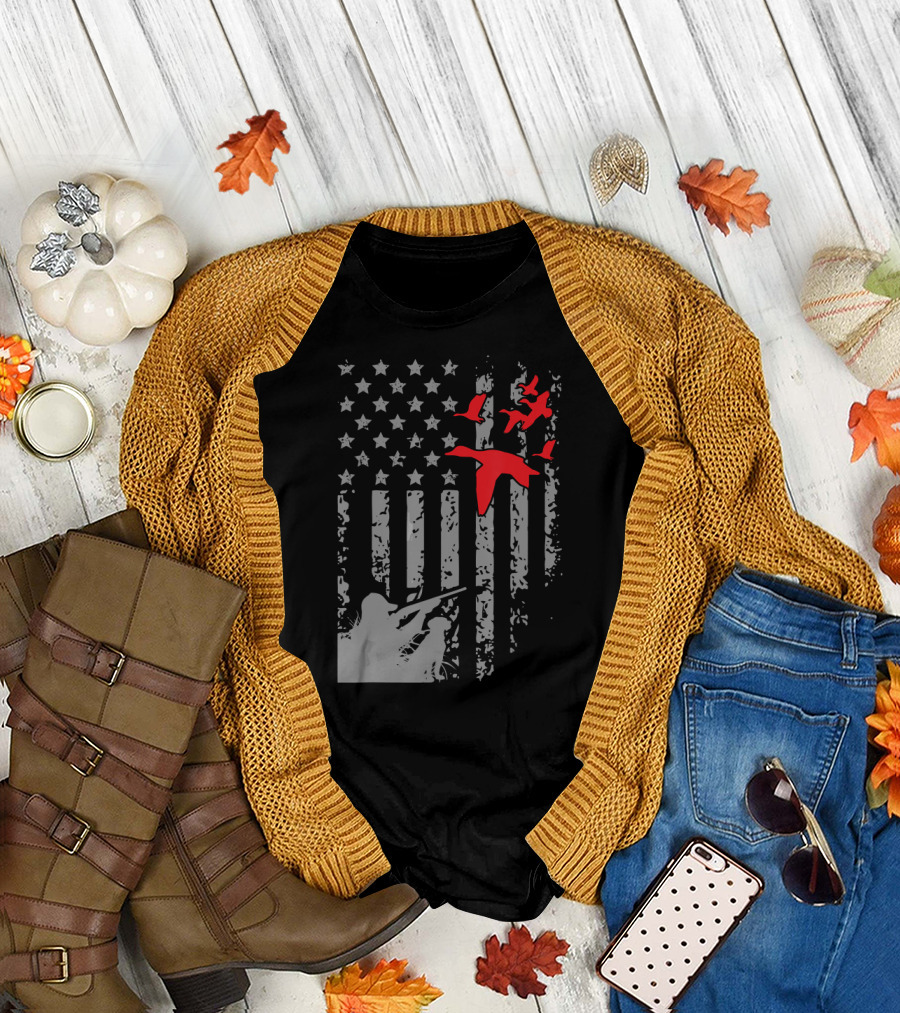 American Flag Stars and Stripes with Red Ducks and Hunter T-Shirt