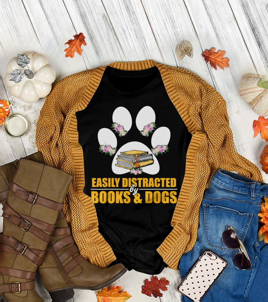 Easily Distracted By Books and Dogs Paw Print Stack T-Shirt