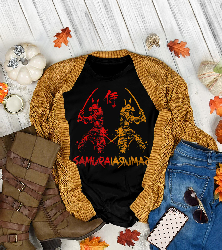 Samurai Warriors in Red and Yellow with Japanese Kanji T-Shirt