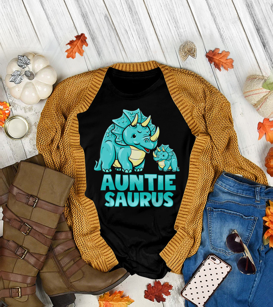 Auntie Saurus Blue Dinosaur Cartoon with Horns T-Shirt