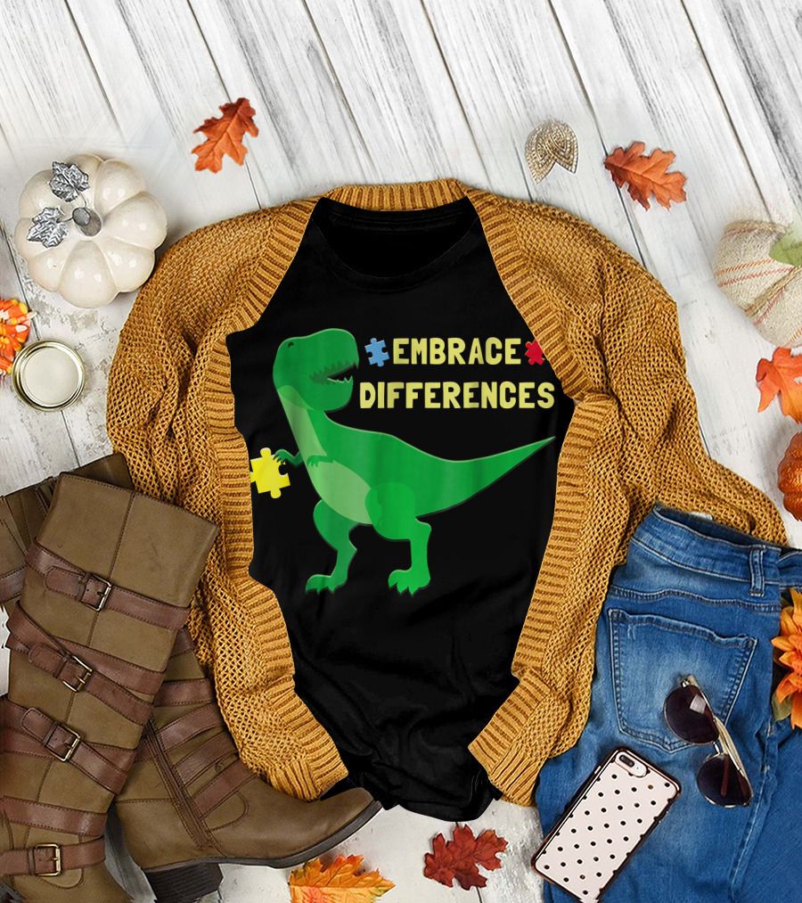 Embrace Differences Autism Awareness Kids Women Men Dinosaur T-Shirt