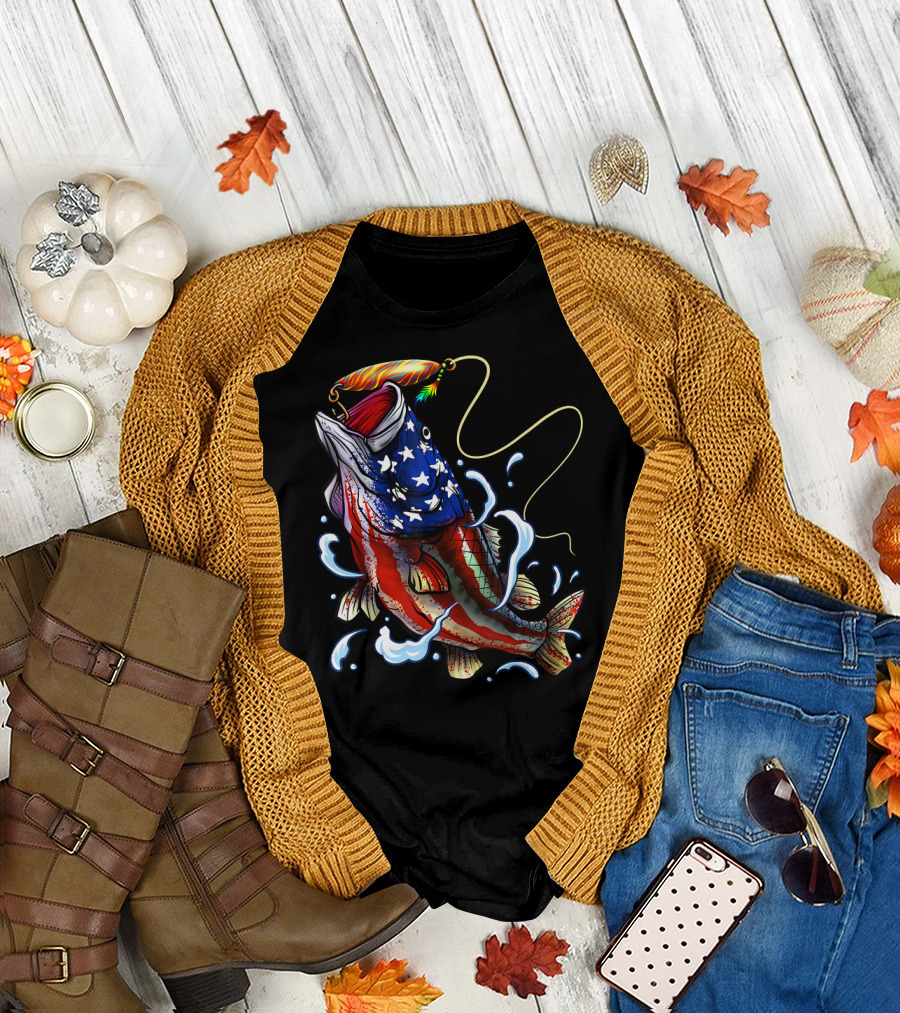 Patriotic Bass Fishing Angler Dad Father American Flag Fish T-Shirt