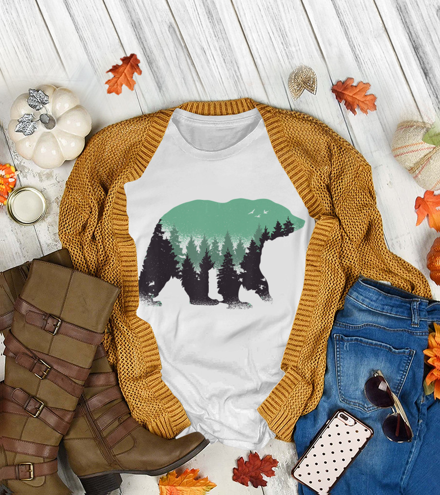 Bear Forest Silhouette with Birds and Trees T-Shirt