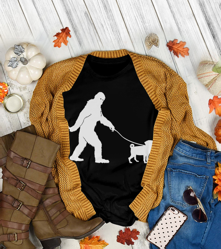 Bigfoot Sasquatch Walking Pug Dog Lovers T-Shirt