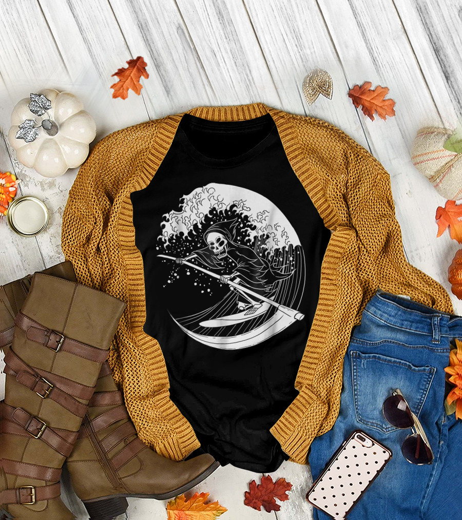 Blackcraft Grim Reaper Riding the Great Wave on Scythe Surfboard T-Shirt