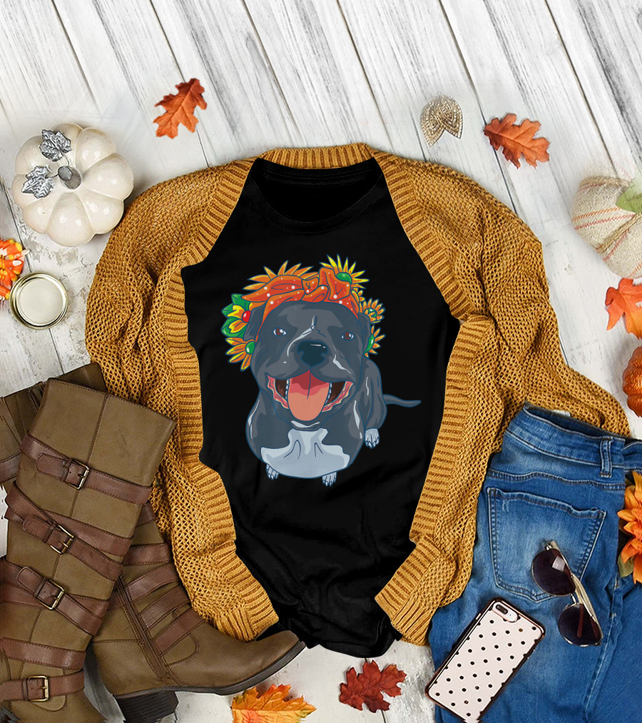 Blue Grey Pitbull with Colorful Flower Crown Happy Pit Bull T-Shirt
