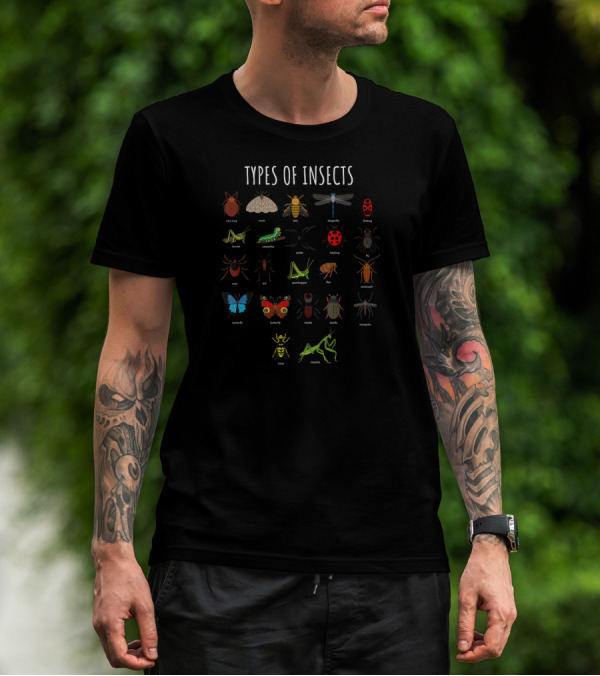 Types Of Insects Bed Bug Moth Bee Dragonfly Ladybug Caterpillar Butterfly Spider Wasp Mantis Cockroach Beetle Mosquito T-Shirt
