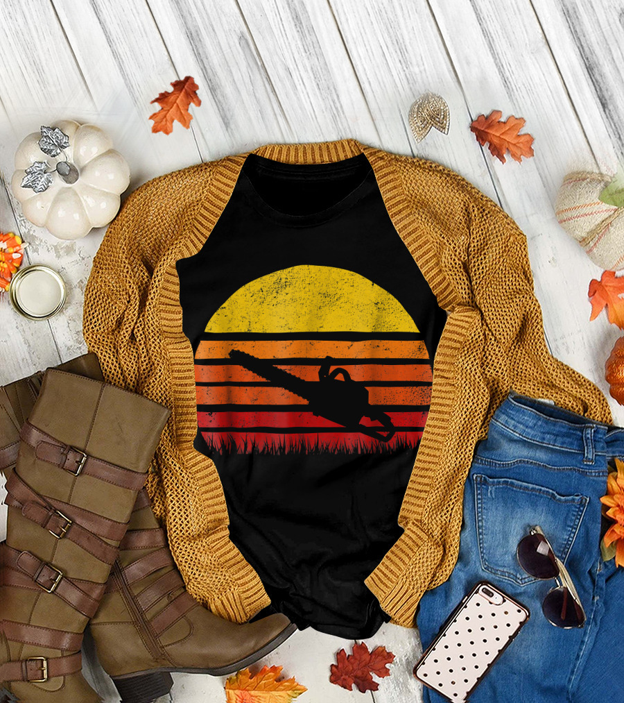 Chainsaw Lumberjack Retro Sunset Sun Silhouette Forest Scene T-Shirt