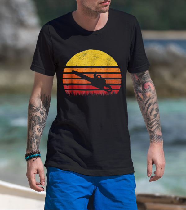 Chainsaw Lumberjack Retro Sunset Sun Silhouette Forest Scene T-Shirt